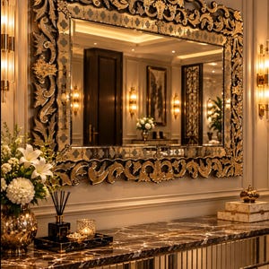 Può includere: Un grande specchio da parete rettangolare caratterizzato da una cornice decorata color oro scuro con intricati motivi a volute e floreali. Il vetro dello specchio presenta un bordo decorativo con un motivo a quadrifoglio, riflettendo una stanza illuminata.