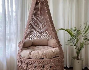 Handmade Macrame Swing Chair: Boho Cotton Hammock, Hanging Rope Chair | Relaxing Indoor Outdoor Seat for Patio, Bedroom, Porch