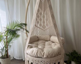 Handmade Macrame Swing Chair, Boho Hanging Chair for Living Room, Bedroom and Stylish Home Interiors, Handwoven Cotton Hammock Seat