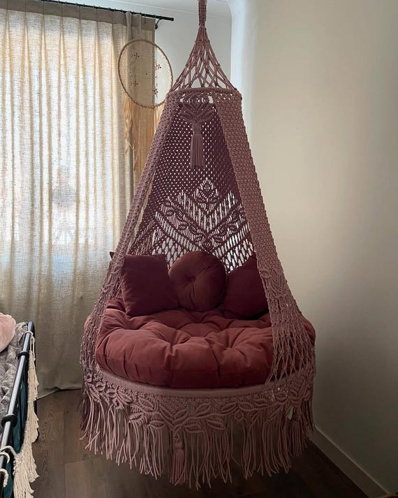 Boho Macrame Swing Chair: 100% Cotton Hammock, Indoor/Outdoor Decor Indoor Outdoor Hammock Chair | Cozy Home & Nursery Decor