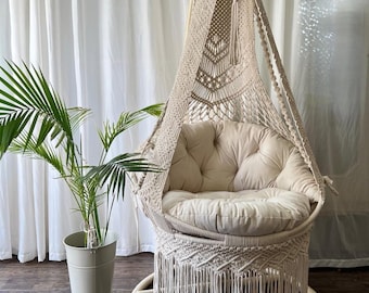 Handmade Macrame Hammock Chair | Boho Cotton Hanging Swing Chair for Indoor Outdoor Home Decor | Best Gift Relaxing Seat