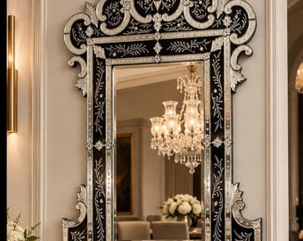 Handgjord venetiansk krönt väggspegel, vintage stil svart & silver glasspegel, elegant iögonfallande spegel för entré, lyxig inredning