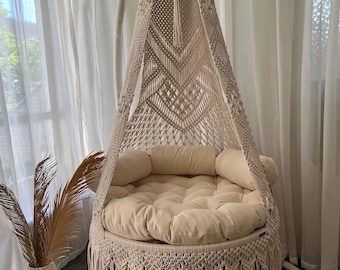 Handmade Macrame Swing Chair, Boho Hanging Chair for Living Room, Bedroom and Stylish Home Interiors, Handwoven Cotton Hammock Seat