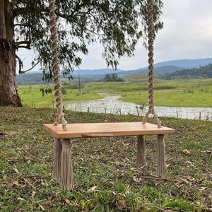May include: A wooden swing with beige rope supports and tassels, set outdoors. The swing's seat is rectangular and light brown. The background features a green field, a river, and trees.