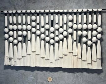 Blanco y Negro Boho Boho Largo Macramé Tapiz de Pared Decoración Mexicana Neutral Estilo Lomas Inspirado Obakki Arte de Pared de Algodón Hecho a Mano