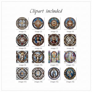 K&ouml;nnte beinhalten: Eine Sammlung von 16 Bildern von Buntglasfenstern mit religi&ouml;sen Motiven, darunter Engel, Jesus und die Jungfrau Maria. Die Bilder sind in verschiedenen Farben gehalten, darunter Blau, Rot, Gelb und Gr&uuml;n.