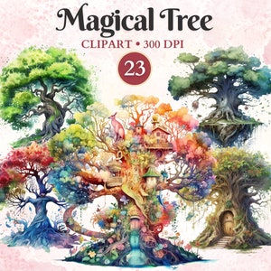 魔法の木のクリップアート、水彩画、Png、気まぐれ、ファンタジーの木、妖精、おとぎ話、ファンタジーのクリップアート、魔法の森、カラフル、装飾
