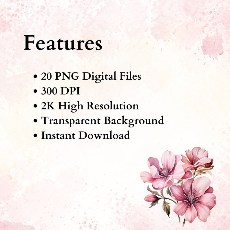 Op de afbeelding: Een digitale download van 20 hoge resolutie PNG-bestanden met roze bloemen op een transparante achtergrond. De bestanden zijn 300 DPI en 2K resolutie.
