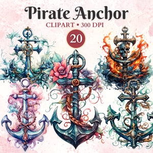 May include: Four watercolor illustrations of pirate anchors with different designs. Each anchor is surrounded by floral and nautical elements. The anchors are blue, gold, and silver.