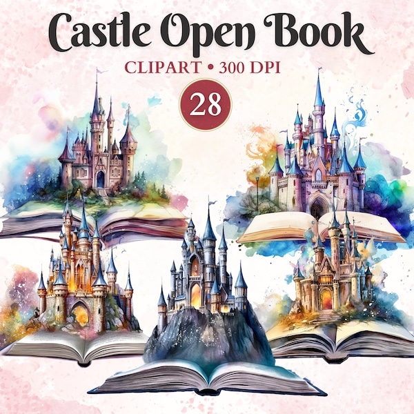 Castle Open Book Clipart, Fantasy Books, Vintage Book, Magic Books, Watercolor Png, Fantasy Clipart, Transparent Png, Instant Download