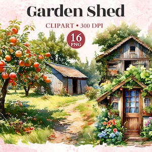 Clipart de galpão de jardim, jardim secreto, impressão de campo de flores, vetor de flores, clipart de estufa, designs de jardinagem