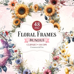 Floral Frames Clipart Bundle, Flower Border, Greenery Wreath Png, Decorative Printable Photo Frame Png, Picture Ornament, Sublimation Design