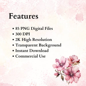 K&ouml;nnte beinhalten: Eine digitale Illustration von rosa Blumen vor wei&szlig;em Hintergrund. Der Text "Features" befindet sich oben im Bild. Der Text unter dem Titel listet die Eigenschaften des digitalen Produkts auf: 85 PNG-Digitaldateien, 300 DPI, 2K Aufl&ouml;sung, transparenter Hintergrund, sofortiger Download und kommerzielle Nutzung.