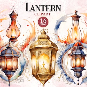 May include: Watercolor illustration of 16 ornate lanterns with intricate designs. The lanterns are in various shades of gold, blue, and red, with a warm glow emanating from within. The background features watercolor splashes of orange, red, and blue.