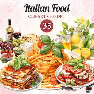 Clipart di cibo italiano, piatti italiani, Png di cibo, Clipart di pasta, Pizza, Acquerello, Png trasparente, Download istantaneo