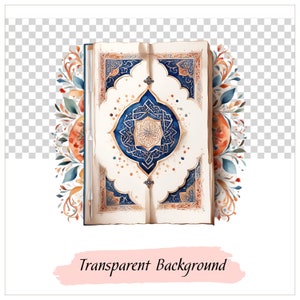 May include: An open book with intricate blue and gold designs on the cover. The book is surrounded by watercolor floral illustrations in shades of orange, blue, and green.