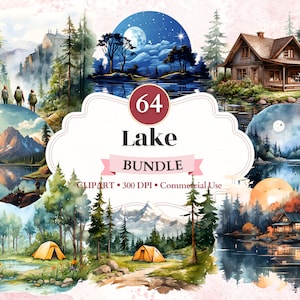 May include: A digital illustration of 64 watercolor paintings of lakes, mountains, forests, and cabins. The illustrations are in a circular format and feature a variety of colors, including blue, green, brown, and white. The text "64 Lake Bundle" is displayed in the center of the image.