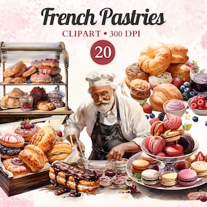 Frans gebak clipart, Franse bakkerij clipart, Franse zoetigheden, gebak, ontbijt png, bakken, Frans eten, koken illustratie, culinair