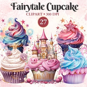 Clipart Cupcake de conte de fées, ensemble de cliparts dessert, cliparts bonbons, pâtisserie, pâtisserie, boulangerie, aquarelle Png, Png transparent, téléchargement immédiat
