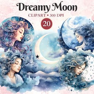 Dreamy Moon Clipart, Celestial, Mystical, Moon Png, Galaxy Art, Whimsical Wonder, Scrap Book, Transparent Png