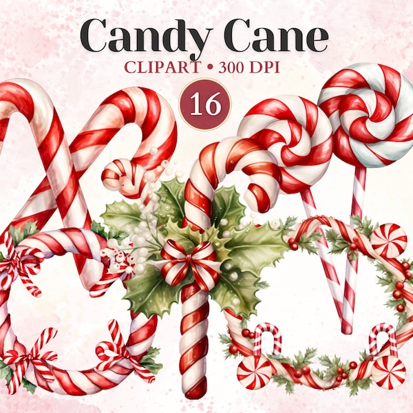 Candy Cane Clipart, Watercolor, Christmas Sweet, Candy Cane Png, Holiday, Winter Clipart, Xmas, Christmas Vector Graphic