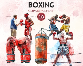 May include: A set of 16 watercolor illustrations of boxers, boxing gloves, and a punching bag. The illustrations are in a vintage style and feature a variety of poses and expressions. The text "BOXING CLIPART - 300 DPI" is at the top of the image.
