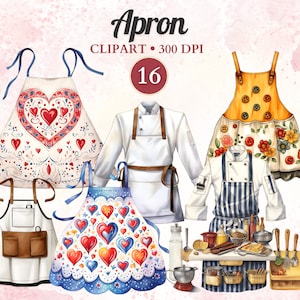 May include: A set of 16 watercolor illustrations of aprons. The aprons are in various styles and colors, including a white apron with red hearts, a blue and white apron with red hearts, a yellow apron with floral designs, and a white apron with a brown pocket. The illustrations are perfect for use in crafting, scrapbooking, or digital design.
