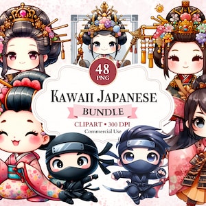 Kawaii Japanese Clipart Bundle, Cute Ninja, Ninja Cartoon, Chibi Characters, Japanese Kawaii Art, Japanese Geisha, Chibi Girls Clipart