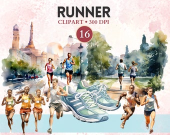 May include: Watercolor illustration of 16 runners in a city setting. The runners are wearing various colored clothing and running shoes. The illustration includes a pair of running shoes in the foreground.