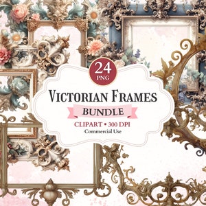 May include: A set of 24 Victorian-style ornate picture frames with floral embellishments. The frames are gold and have a vintage aesthetic. The frames are perfect for adding a touch of elegance to any project.