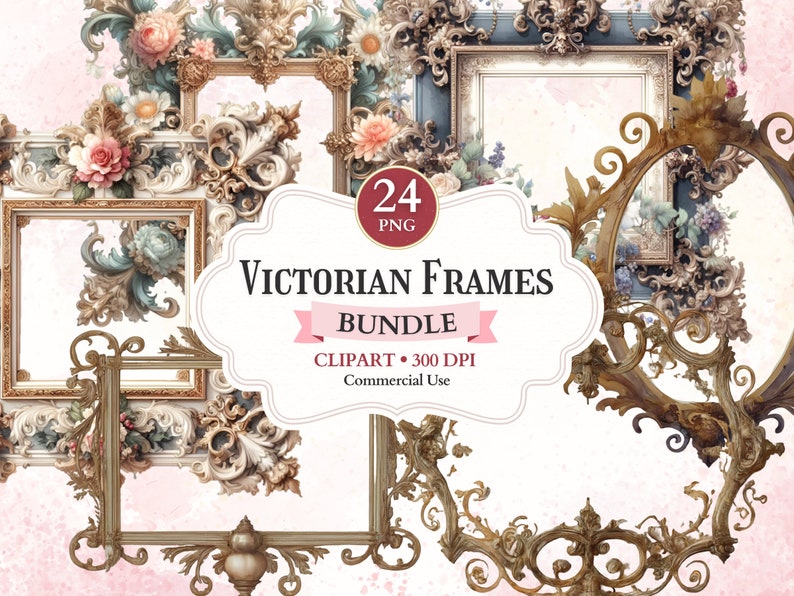 May include: A set of 24 Victorian-style ornate picture frames with floral embellishments. The frames are gold and have a vintage aesthetic. The frames are perfect for adding a touch of elegance to any project.