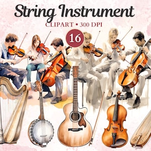 Clipart de instrumento de cordas, instrumento musical, violino, guitarra, harpa, banjo, músico, clipart de música, música png
