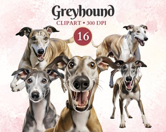 Könnte beinhalten: Eine digitale Illustration von 16 Windhunden in verschiedenen Posen. Die Hunde sind alle weiß und braun mit schwarzen Nasen und Augen. Der Hintergrund ist hellrosa mit weißen Flecken.