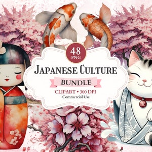 Bundle de cliparts culture japonaise, fleur de sakura, fleur de cerisier png, maneki neko, chat porte-bonheur, poupées kokeshi, geisha japonaise, carpes koï