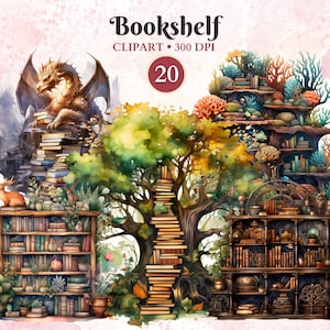 Op de afbeelding: Een fantasievolle illustratie van een boekenkast met een draak, een boom en koraal. De boekenkast is gevuld met boeken en andere decoratieve items. De afbeelding heeft de titel "Bookshelf" en de tekst "CLIPART - 300 DPI" en "20".