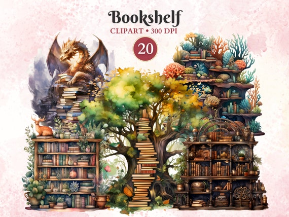 Fantasy Bookshelf Clipart, Library Clipart, Mystical Books, Fantasy Reading, Reading Nook, Cozy Aesthetic, Magical Illustrations, Fairy Tale