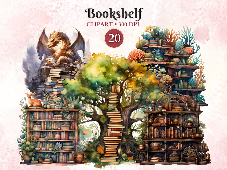 Op de afbeelding: Een fantasievolle illustratie van een boekenkast met een draak, een boom en koraal. De boekenkast is gevuld met boeken en andere decoratieve items. De afbeelding heeft de titel "Bookshelf" en de tekst "CLIPART - 300 DPI" en "20".