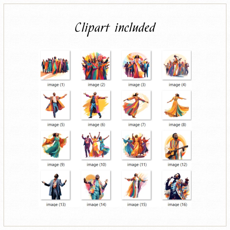 May include: A set of 16 digital illustrations featuring people of color singing, dancing, and playing music. The illustrations are in a vibrant, colorful style and would be perfect for use in a variety of projects, such as greeting cards, invitations, or social media posts.