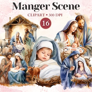 Scena żłobka Clipart, Scena Narodzenia, Święta Rodzina, Trzej Królowie, Maryja i Józef, Jezus Clipart, Katolicki, Album ze zdjęciami