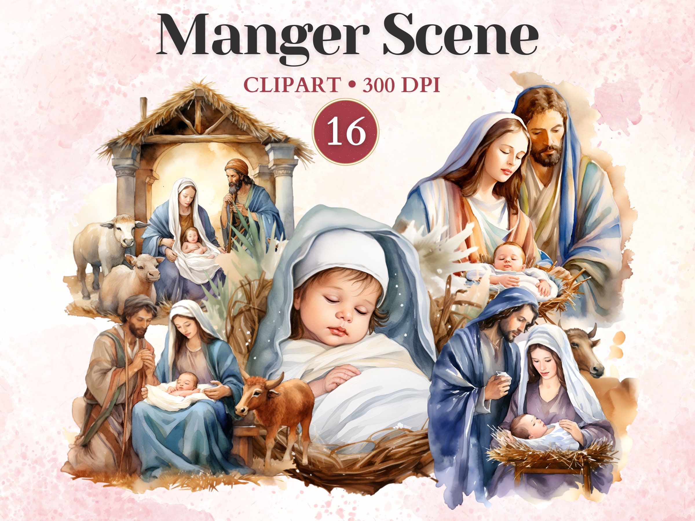 Manger Scene Clipart, Nativity Scene, Holy Family, Three Wise Men, Mary and Joseph, Jesus Clipart, Catholic, Scrap Book