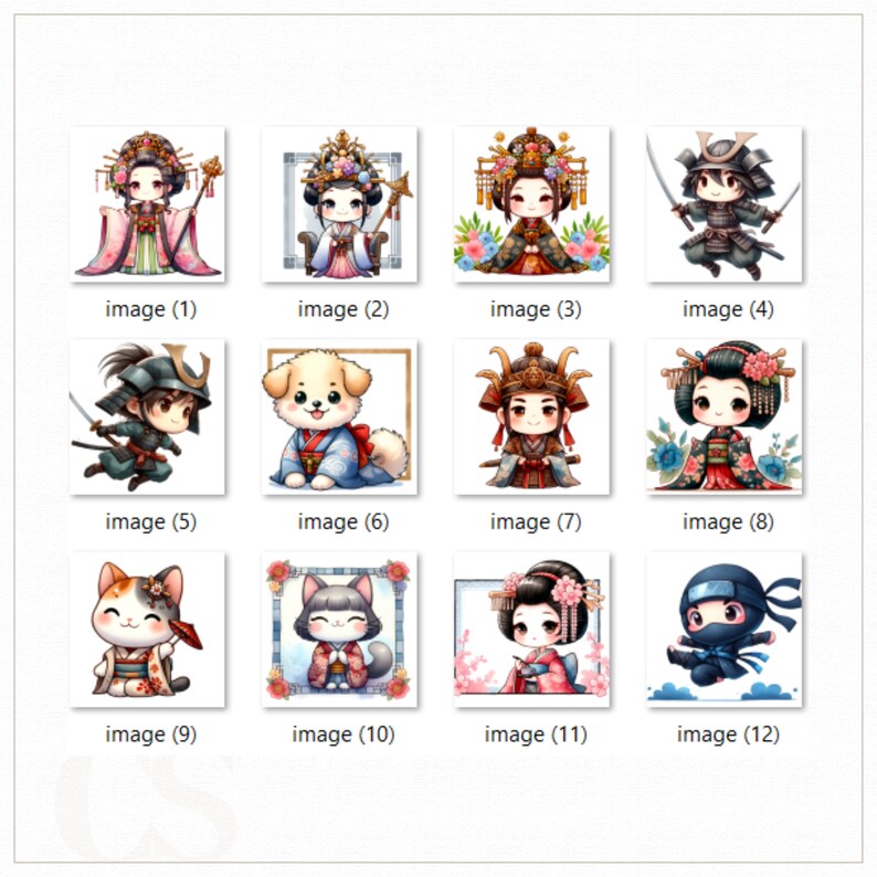 May include: A collection of 12 illustrated images featuring various characters in traditional Japanese clothing and accessories. The characters include a samurai, a geisha, a cat, a dog, and a ninja. The images are drawn in a cute and whimsical style.