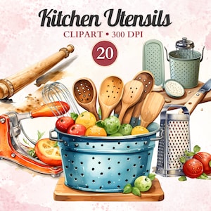 Clipart de utensílios de cozinha, clipart de ferramentas de cozinha, ferramentas de chef, cozinheiro, acessórios, espátula, panela, rolo, png transparente, download instantâneo