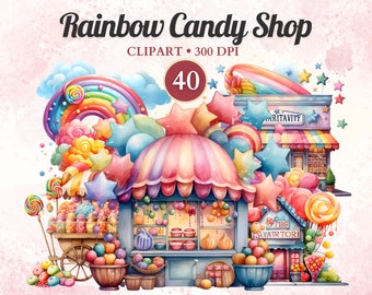 Rainbow Candy Shop Clipart, Candy Storefront Clipart, Candy Store, Sweet, Watercolor, Transparent Png, Instant Download