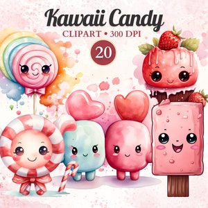 Kawaii Candy Clipart, Watercolor, Kawaii Food Clipart Set, Cute Food, Lollipop, Chocolates, Bars, Sweets, Candy Bowl, Transparent Png