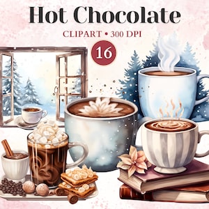May include: A watercolor illustration of 16 different hot chocolate mugs with various toppings, including marshmallows, whipped cream, and cinnamon sticks. The mugs are set against a wintery background with a window view of snow-covered trees.