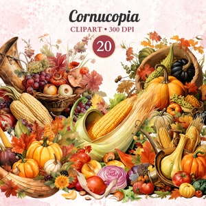 Clipart di cornucopia, raccolto, raccolto di zucca, zucca ghepardo, autunno acquerello, decorazione di ottobre, occasione speciale