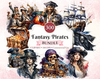 May include: A digital illustration of a pirate themed clipart bundle with 300 images. The image features a pirate ship, a pirate with a parrot, a pirate with a dog, a pirate treasure chest, a pirate with a skull and crossbones flag, and a pirate woman. The text "300 Fantasy Pirates Bundle" is visible in the image.