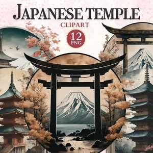 日本のお寺のクリップアート、富士山、旅行のクリップアート、日本の文化、鳥居、日本の神社、鳥居のアート、文化的シンボル