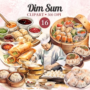 Puede incluir: Una ilustraci&oacute;n de acuarela de un chef preparando dim sum. La ilustraci&oacute;n presenta una variedad de platos de dim sum, incluyendo dumplings, bollos y rollitos de primavera. El chef lleva un gorro de cocinero blanco y un uniforme blanco. La ilustraci&oacute;n est&aacute; sobre un fondo rosa.