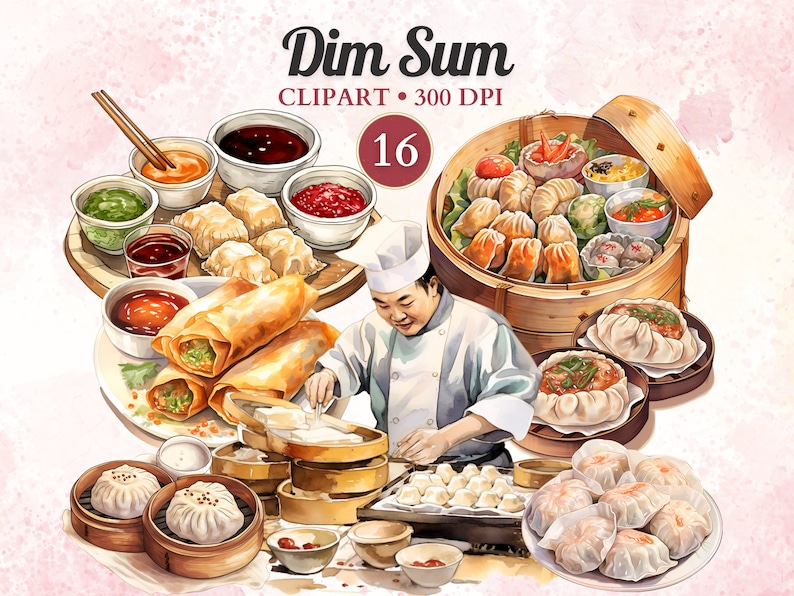 Puede incluir: Una ilustraci&oacute;n de acuarela de un chef preparando dim sum. La ilustraci&oacute;n presenta una variedad de platos de dim sum, incluyendo dumplings, bollos y rollitos de primavera. El chef lleva un gorro de cocinero blanco y un uniforme blanco. La ilustraci&oacute;n est&aacute; sobre un fondo rosa.
